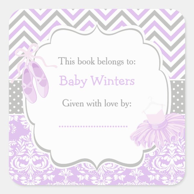 Purple/Grey Ballerina Baby Shower Bookplate (Front)