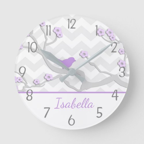 Purple Grey Bird on Branch Nursery Wall Clock