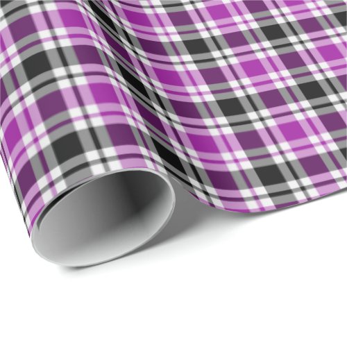 Purple Grey Black and White Plaid Wrapping Paper