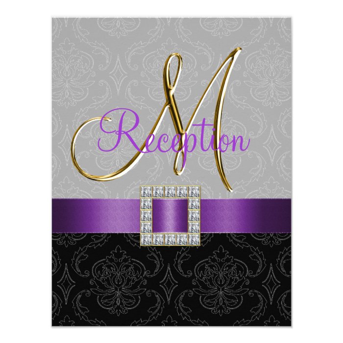 Purple Grey Black Damask Gold Reception Card