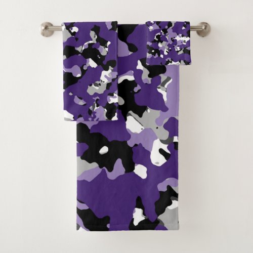 Purple Grey Black White Camouflage Camo Print Bath Towel Set