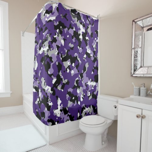 Purple Grey Black White Camouflage Camo Print Shower Curtain