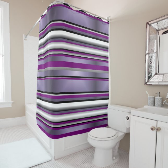 Purple Grey Black White Horizontal Stripe Pattern Shower Curtain (In Situ)