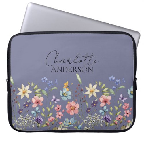 Purple Grey Botanical Wildflower Custom Name  Laptop Sleeve