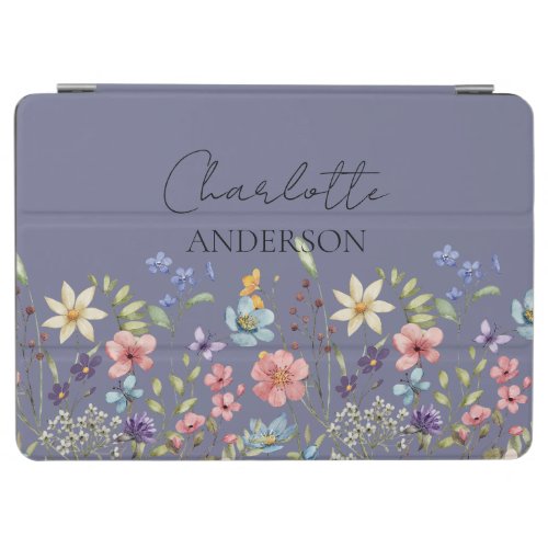 Purple Grey Botanical Wildflower Monogram Name  iPad Air Cover