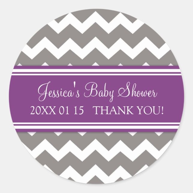 Purple Grey Chevron Baby Shower Favor Stickers (Front)