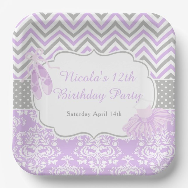 Purple & Grey Chevron Ballerina Birthday Paper Plates (Front)