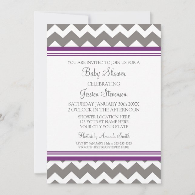 Purple Grey Chevron Custom Baby Shower Invitations (Back)