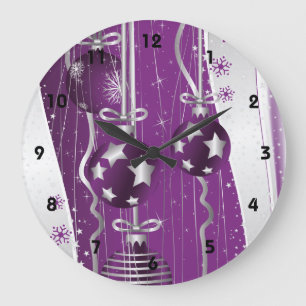 Purple, grey Christmas balls stars and snowflakes Large Clock