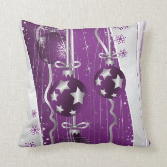 Purple, grey Christmas balls stars and snowflakes Throw Pillow