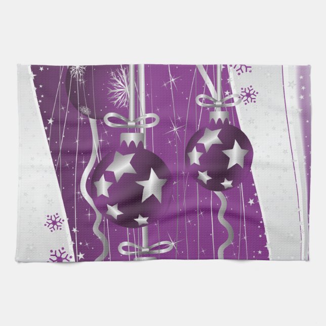Purple, grey Christmas balls stars and snowflakes Towel (Horizontal)
