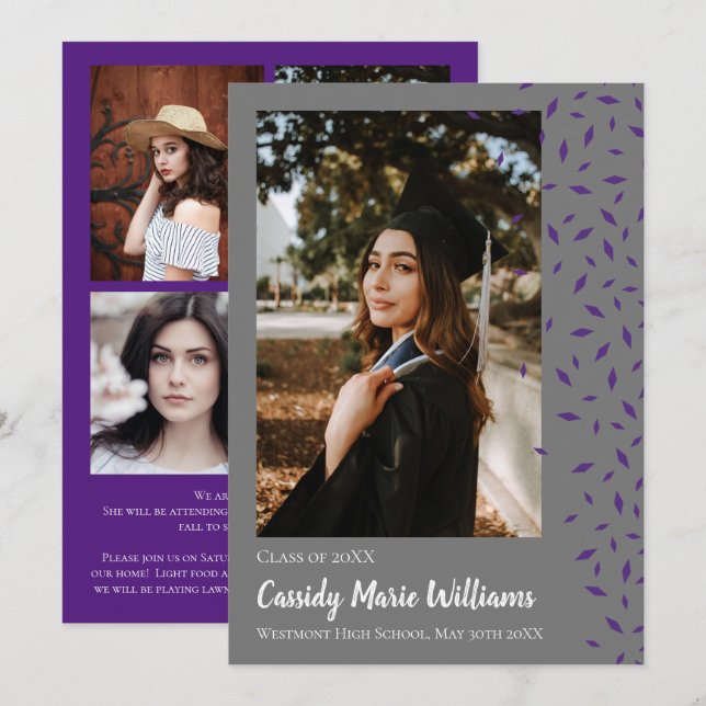 Purple Grey Confetti Graduation Announcement (Front/Back)