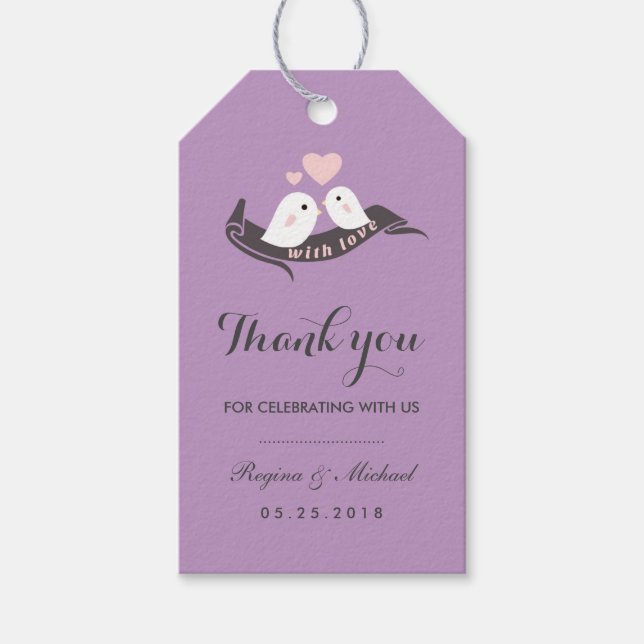 Purple Grey Cute Love Birds Wedding Gift Tag (Front)