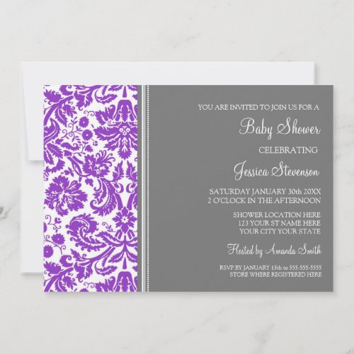 Purple Grey Damask Custom Baby Shower Invitations