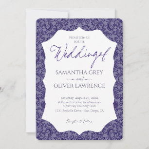Purple Grey Damask Wedding Invitation