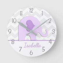 Purple Grey Elephant Nursery Wall Clock