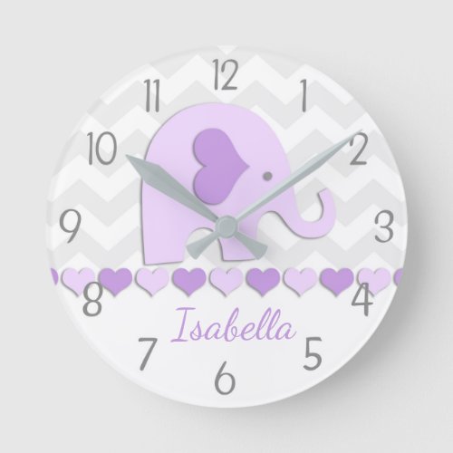 Purple Grey Elephant Nursery Wall Clock
