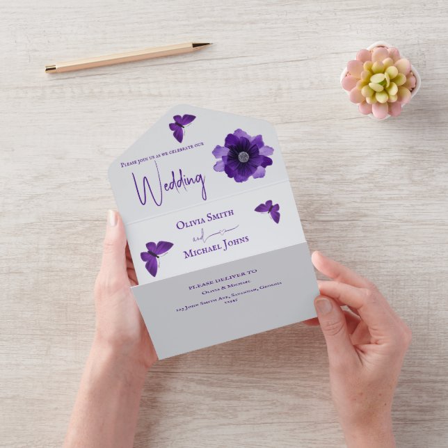 Purple Grey Floral All in One Wedding Invite (Video)