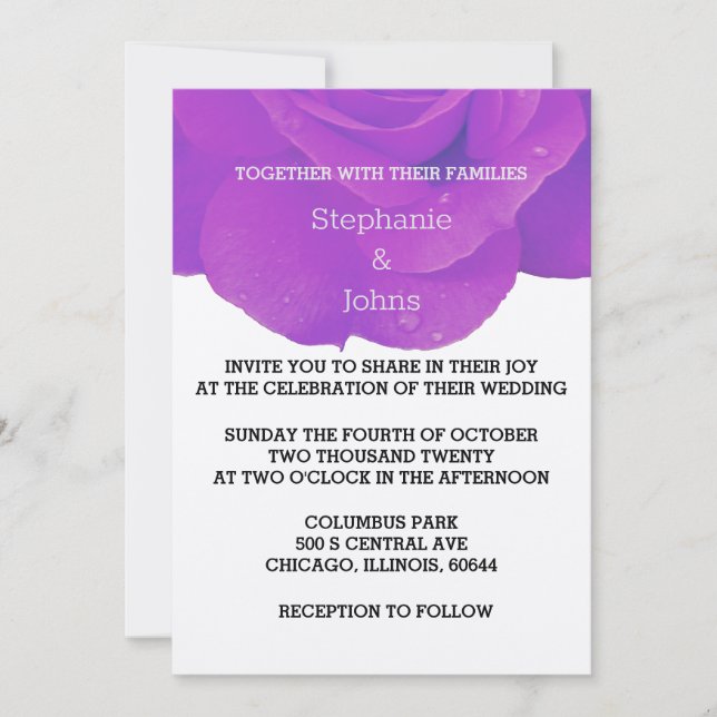 Purple Grey Floral Rose Elegant Silver Wedding Invitation (Front)