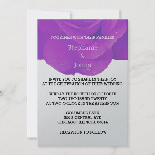 Purple Grey Floral Rose Elegant Silver Wedding Invitation