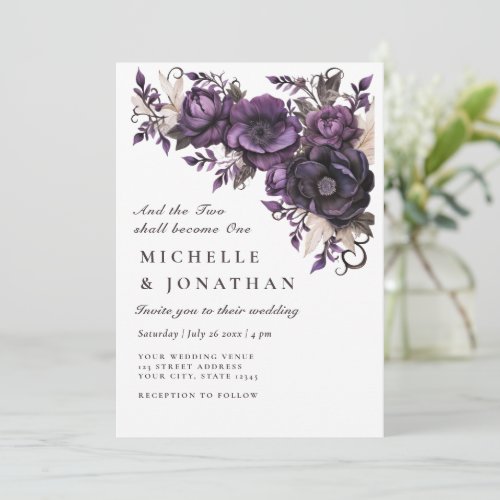 Purple Grey Floral Two Become One Bible Wedding Invitation