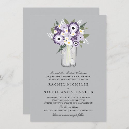 Purple Grey Flowers Mason Jar   Wedding Invitation