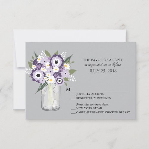 Purple Grey Flowers Mason Jar  Wedding RSVP