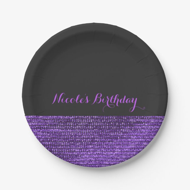 Purple & Grey Modern Glam Sequins Chic Party Paper Plates (Front)