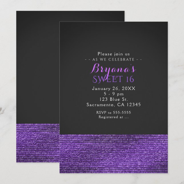 Purple Grey Modern Glam Sequins Party Invitations (Front/Back)