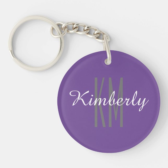 Purple & Grey Monogram Name, Personalize Keychain (Front)