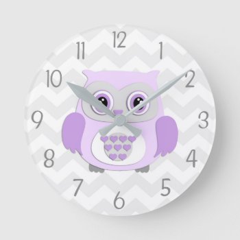 Purple Grey Owl Nursery Wall Clock by Kookyburra at Zazzle
