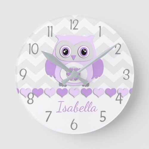 Purple Grey Owl Nursery Wall Clock
