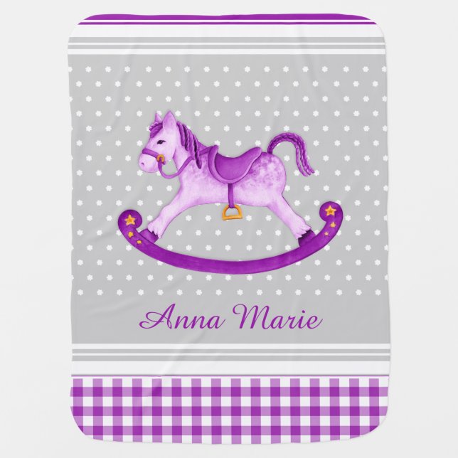 Purple grey rocking horse art name baby blanket (Front)