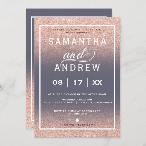 Purple grey rose gold typography wedding invitation
