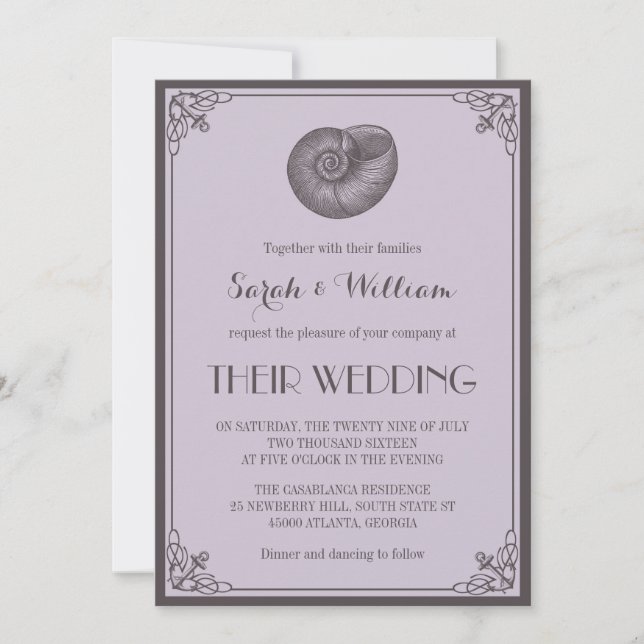 Purple Grey Seashell Nautical Wedding Invitation (Front)
