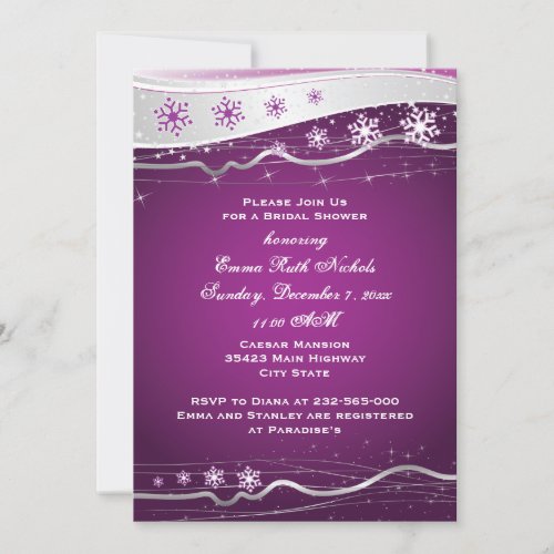 Purple grey snowflake wedding bridal shower invitation