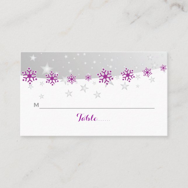 Purple, grey snowflake wedding place card (Front)