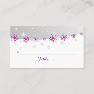 Purple, grey snowflake wedding place card