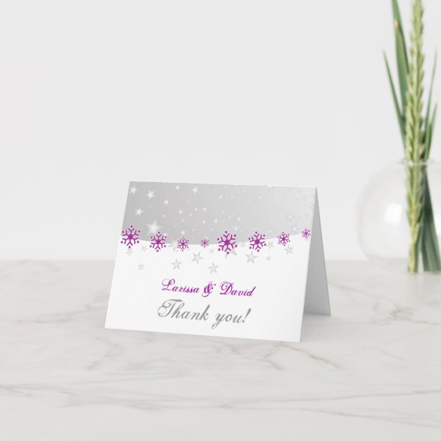 Purple grey snowflake wedding Thank You photo Card (Front)