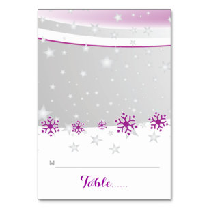 Purple, grey snowflakes wedding folded place card