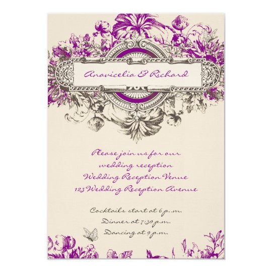 Purple Grey Vintage Floral Wedding Reception Card