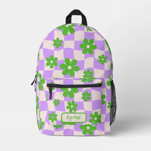 Purple Groovy Daisy Floral Checkerboard Printed Backpack