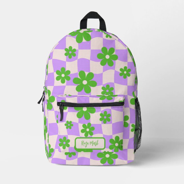 Purple Groovy Daisy Floral Checkerboard Printed Backpack (Front)