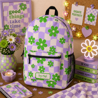 Purple Groovy Daisy Floral Checkerboard Printed Backpack