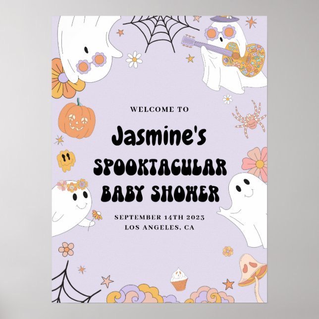 Purple Groovy Ghost Baby Shower Welcome Sign (Front)