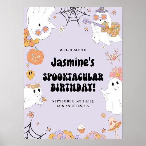 Purple Groovy Ghost Birthday Welcome Sign