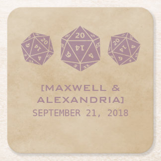 Purple Grunge D20 Dice Gamer Paper Coasters