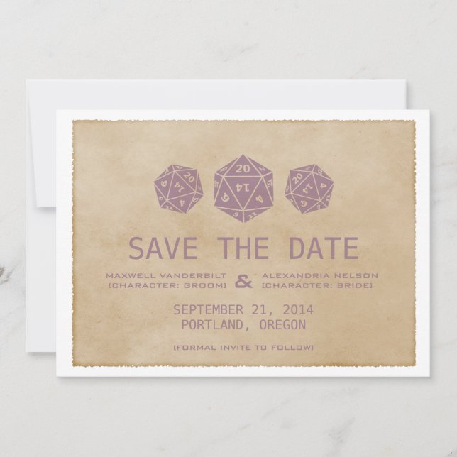 Purple Grunge D20 Dice Gamer Save the Date Invite (Front)