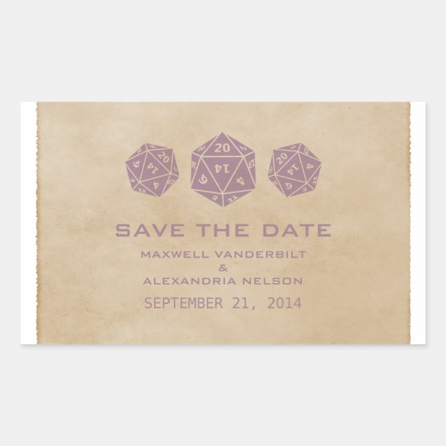 Purple Grunge D20 Dice Save the Date Stickers (Front)
