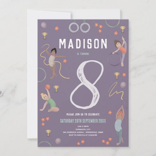 Purple Gymnastics Girls Birthday Invitation